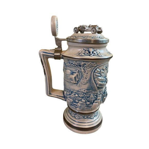 1989 Avon Racing Car Stein Ceramic Pewter Lid Collector Mug w/ Box Vintage  7 in - Picture 2 of 8